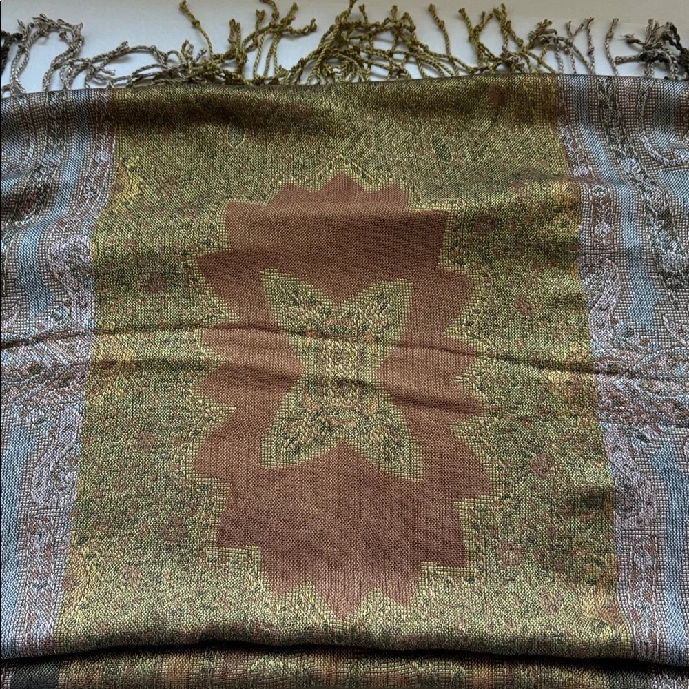 Scarf wrap Womens 21X70’ Fringe Floral Bohemian Gold brown pink green luxury